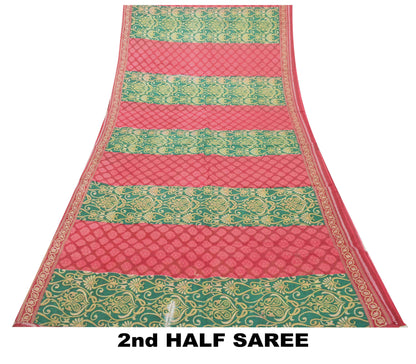 Sanskriti Vintage Saree Red-Green Pure Cotton Floral Rotary Printed Sari 5.5 Yd