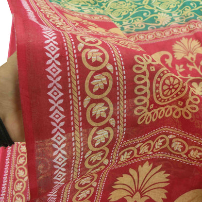 Sanskriti Vintage Saree Red-Green Pure Cotton Floral Rotary Printed Sari 5.5 Yd