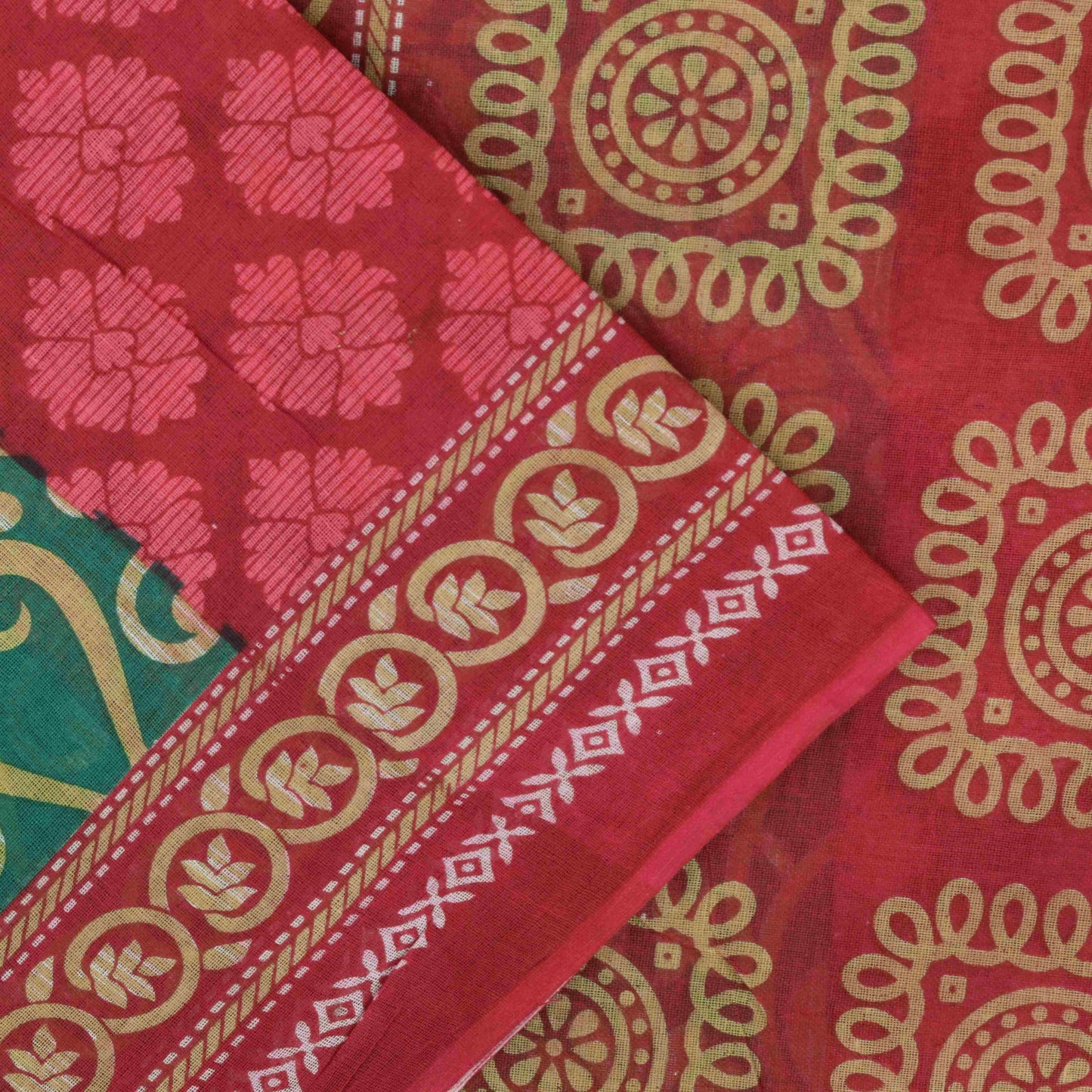 Sanskriti Vintage Saree Red-Green Pure Cotton Floral Rotary Printed Sari 5.5 Yd
