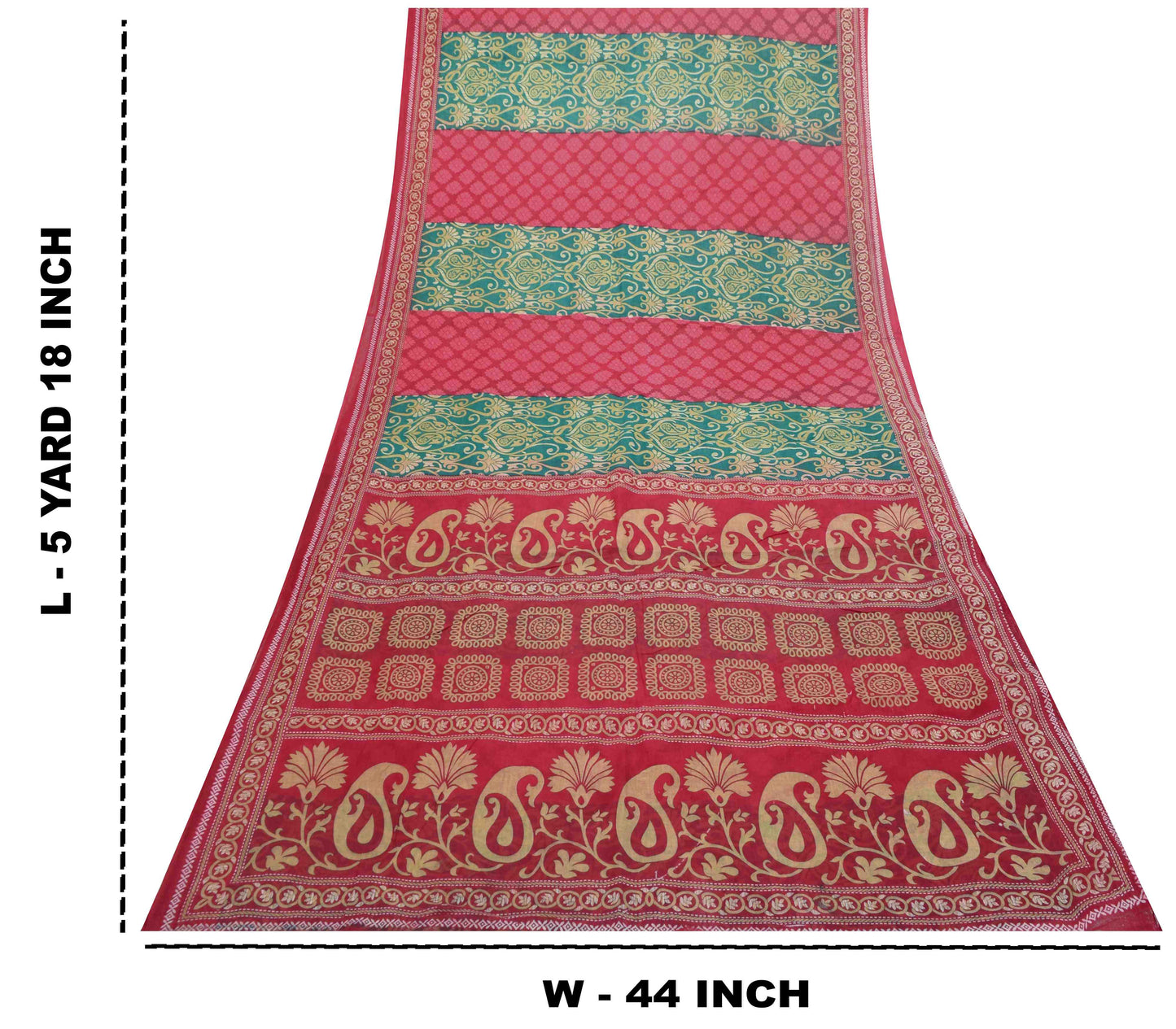 Sanskriti Vintage Saree Red-Green Pure Cotton Floral Rotary Printed Sari 5.5 Yd