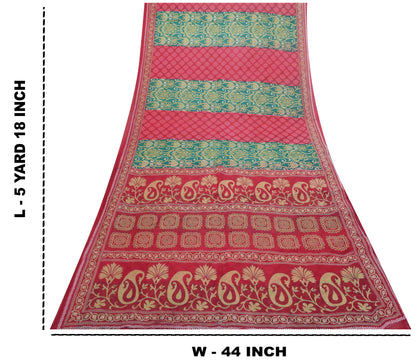 Sanskriti Vintage Saree Red-Green Pure Cotton Floral Rotary Printed Sari 5.5 Yd