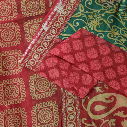 Sanskriti Vintage Saree Red-Green Pure Cotton Floral Rotary Printed Sari 5.5 Yd