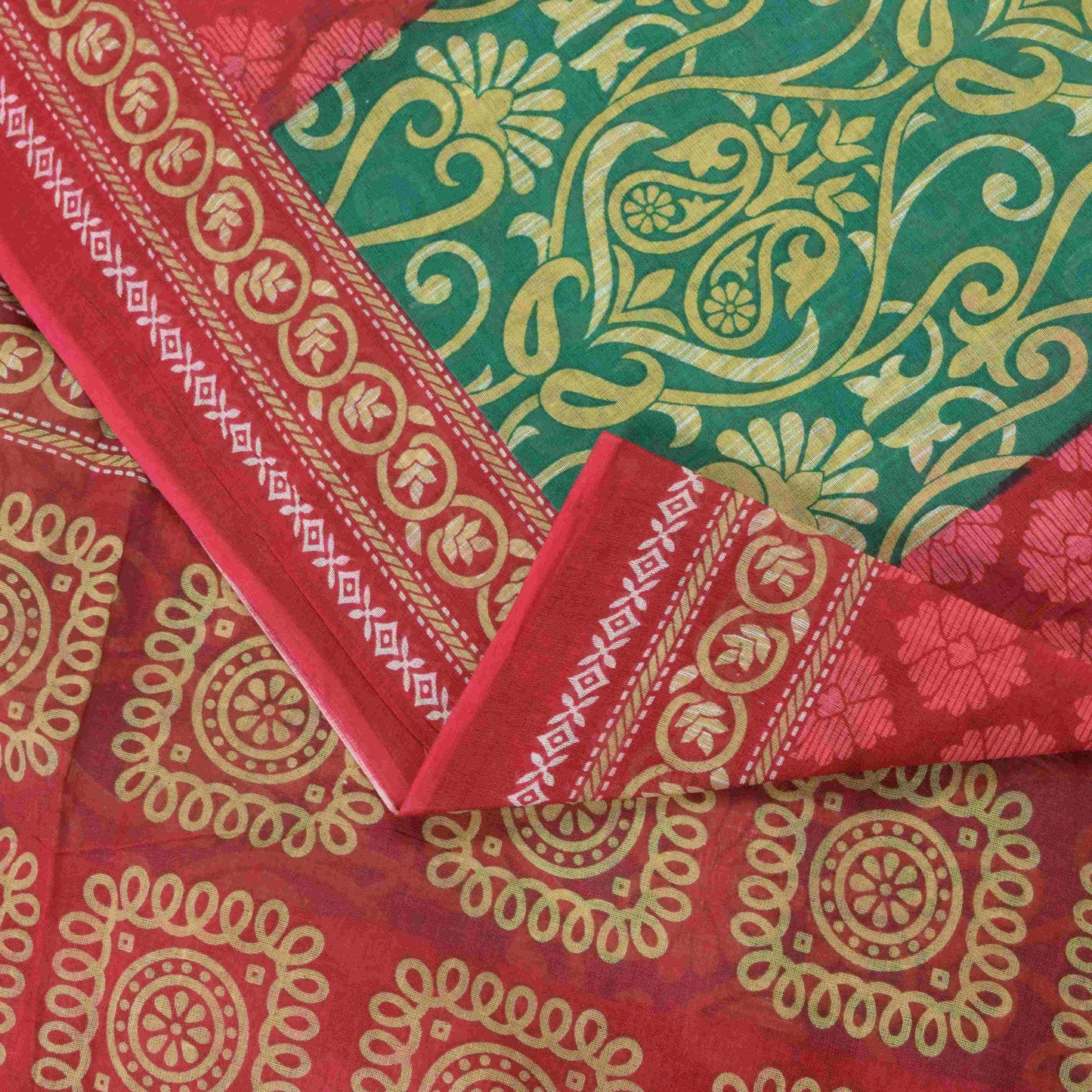 Sanskriti Vintage Saree Red-Green Pure Cotton Floral Rotary Printed Sari 5.5 Yd
