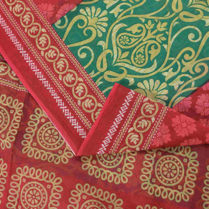 Sanskriti Vintage Saree Red-Green Pure Cotton Floral Rotary Printed Sari 5.5 Yd