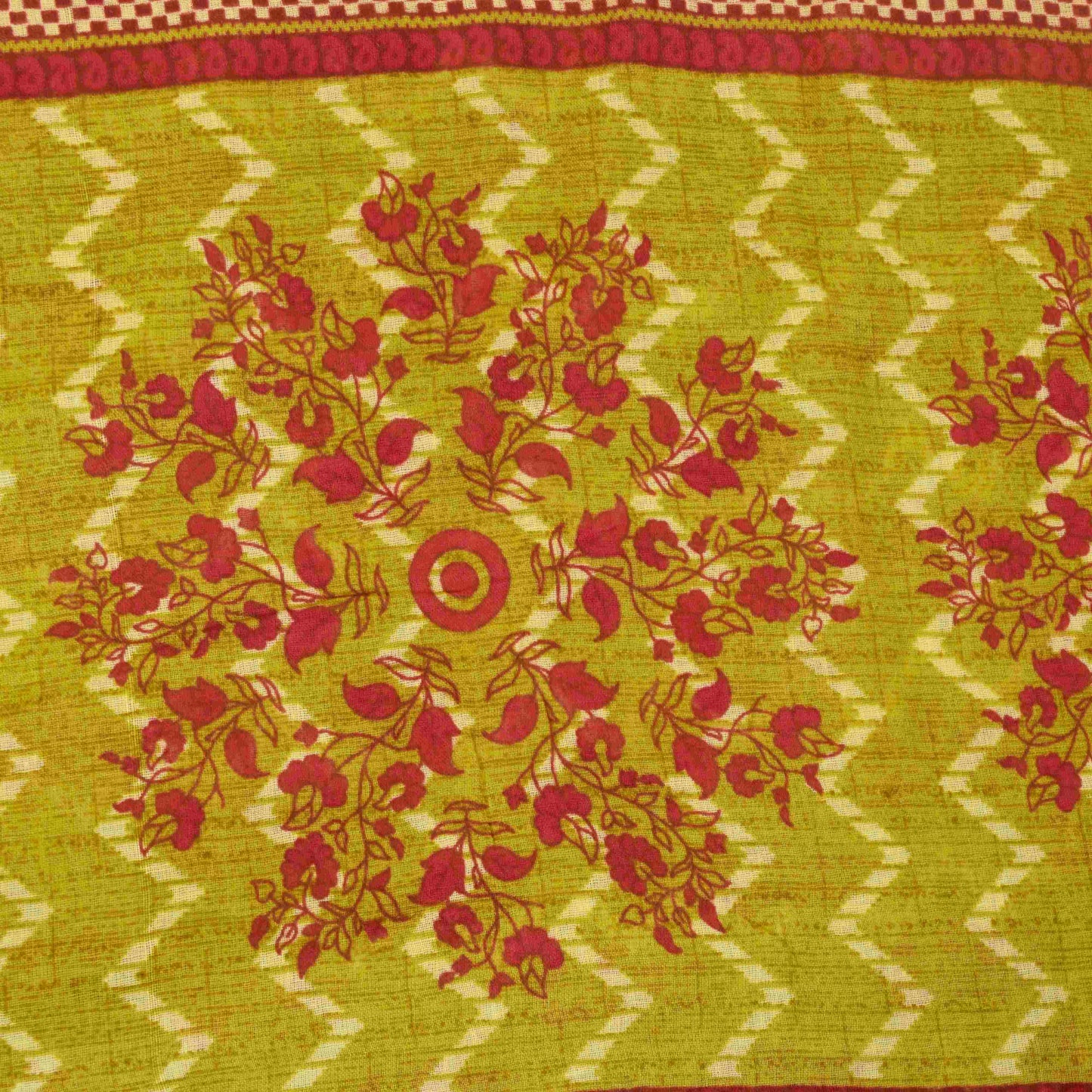 Sanskriti Vintage Saree Green-RedPure Cotton Floral Print Sari 5+Yd Fabric Craft