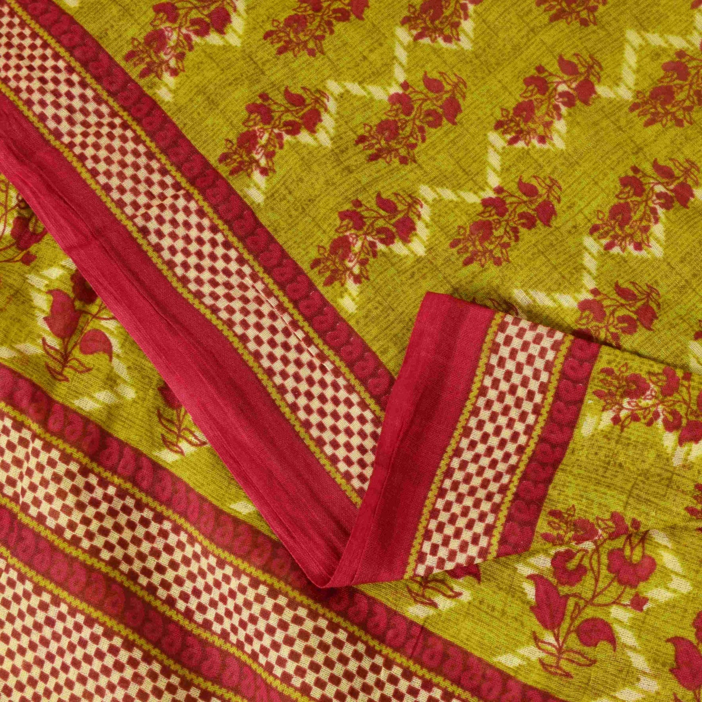 Sanskriti Vintage Saree Green-RedPure Cotton Floral Print Sari 5+Yd Fabric Craft
