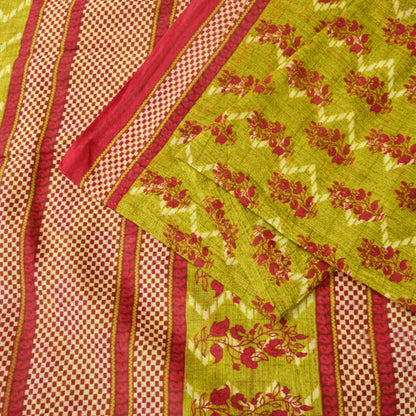 Sanskriti Vintage Saree Green-RedPure Cotton Floral Print Sari 5+Yd Fabric Craft