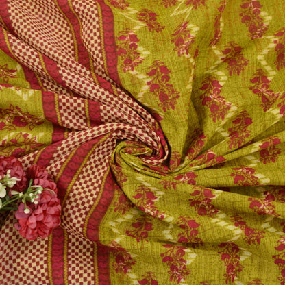 Sanskriti Vintage Saree Green-RedPure Cotton Floral Print Sari 5+Yd Fabric Craft