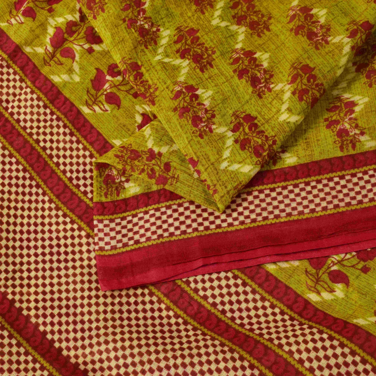 Sanskriti Vintage Saree Green-RedPure Cotton Floral Print Sari 5+Yd Fabric Craft