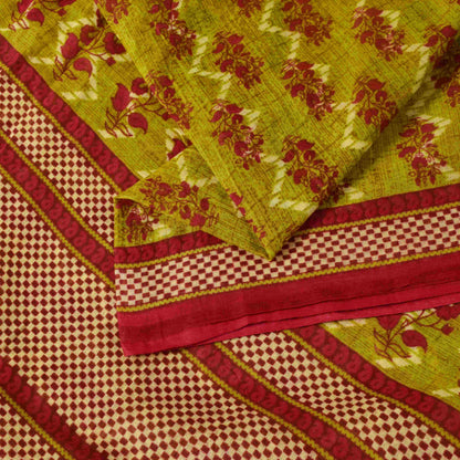 Sanskriti Vintage Saree Green-RedPure Cotton Floral Print Sari 5+Yd Fabric Craft