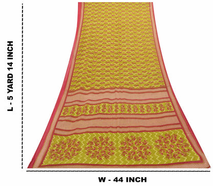 Sanskriti Vintage Saree Green-RedPure Cotton Floral Print Sari 5+Yd Fabric Craft