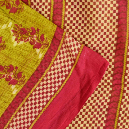 Sanskriti Vintage Saree Green-RedPure Cotton Floral Print Sari 5+Yd Fabric Craft