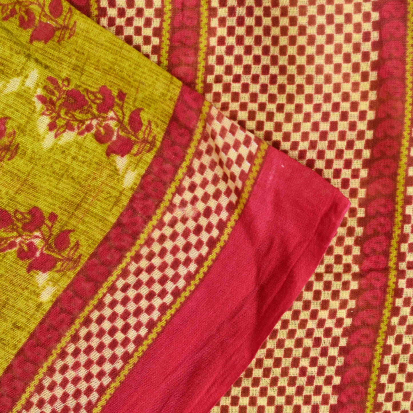 Sanskriti Vintage Saree Green-RedPure Cotton Floral Print Sari 5+Yd Fabric Craft