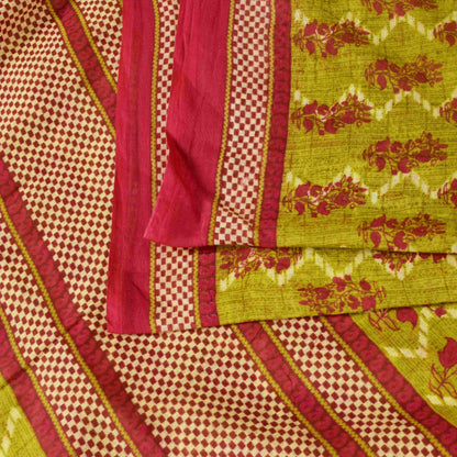 Sanskriti Vintage Saree Green-RedPure Cotton Floral Print Sari 5+Yd Fabric Craft
