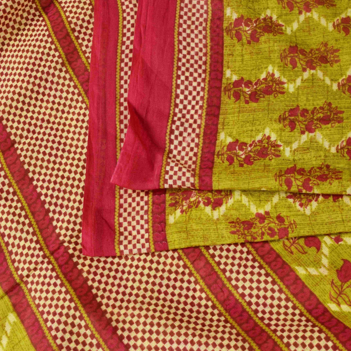 Sanskriti Vintage Saree Green-RedPure Cotton Floral Print Sari 5+Yd Fabric Craft