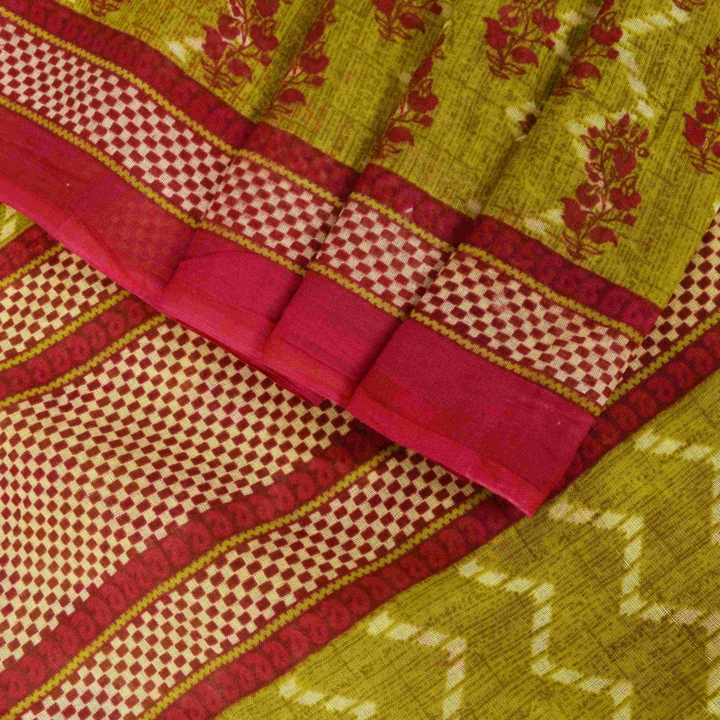 Sanskriti Vintage Saree Green-RedPure Cotton Floral Print Sari 5+Yd Fabric Craft