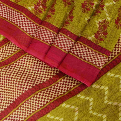 Sanskriti Vintage Saree Green-RedPure Cotton Floral Print Sari 5+Yd Fabric Craft