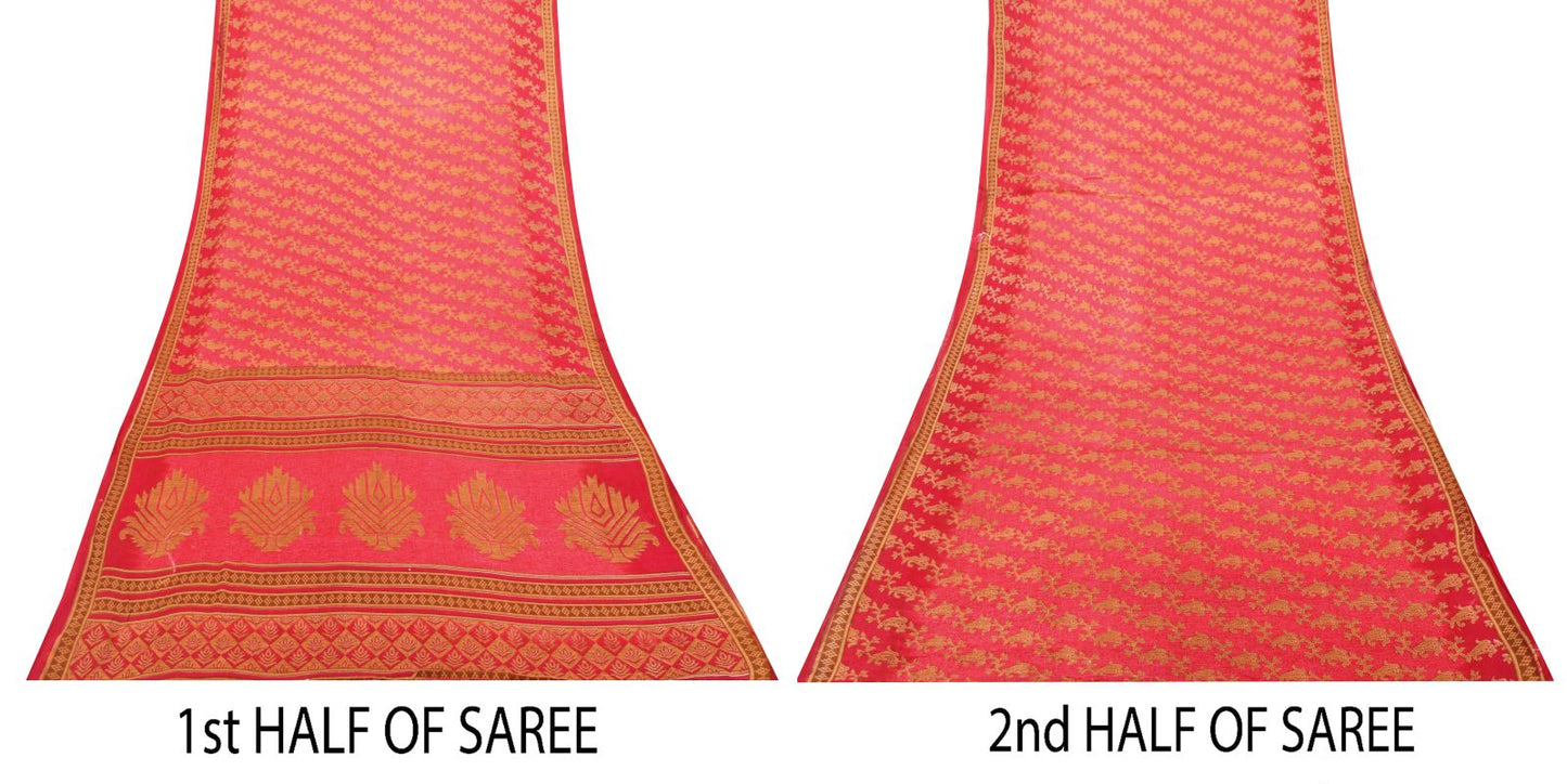 Sanskriti Vintage Pink Pure Cotton Saree Kantha Paisley GeometricPrint Sari 5+YD