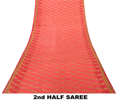 Sanskriti Vintage Pink Pure Cotton Saree Kantha Paisley GeometricPrint Sari 5+YD