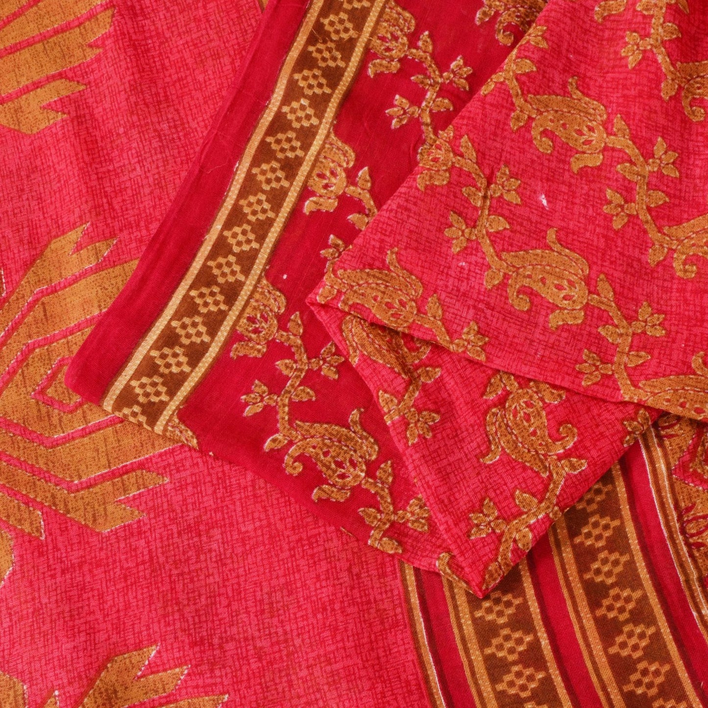 Sanskriti Vintage Pink Pure Cotton Saree Kantha Paisley GeometricPrint Sari 5+YD