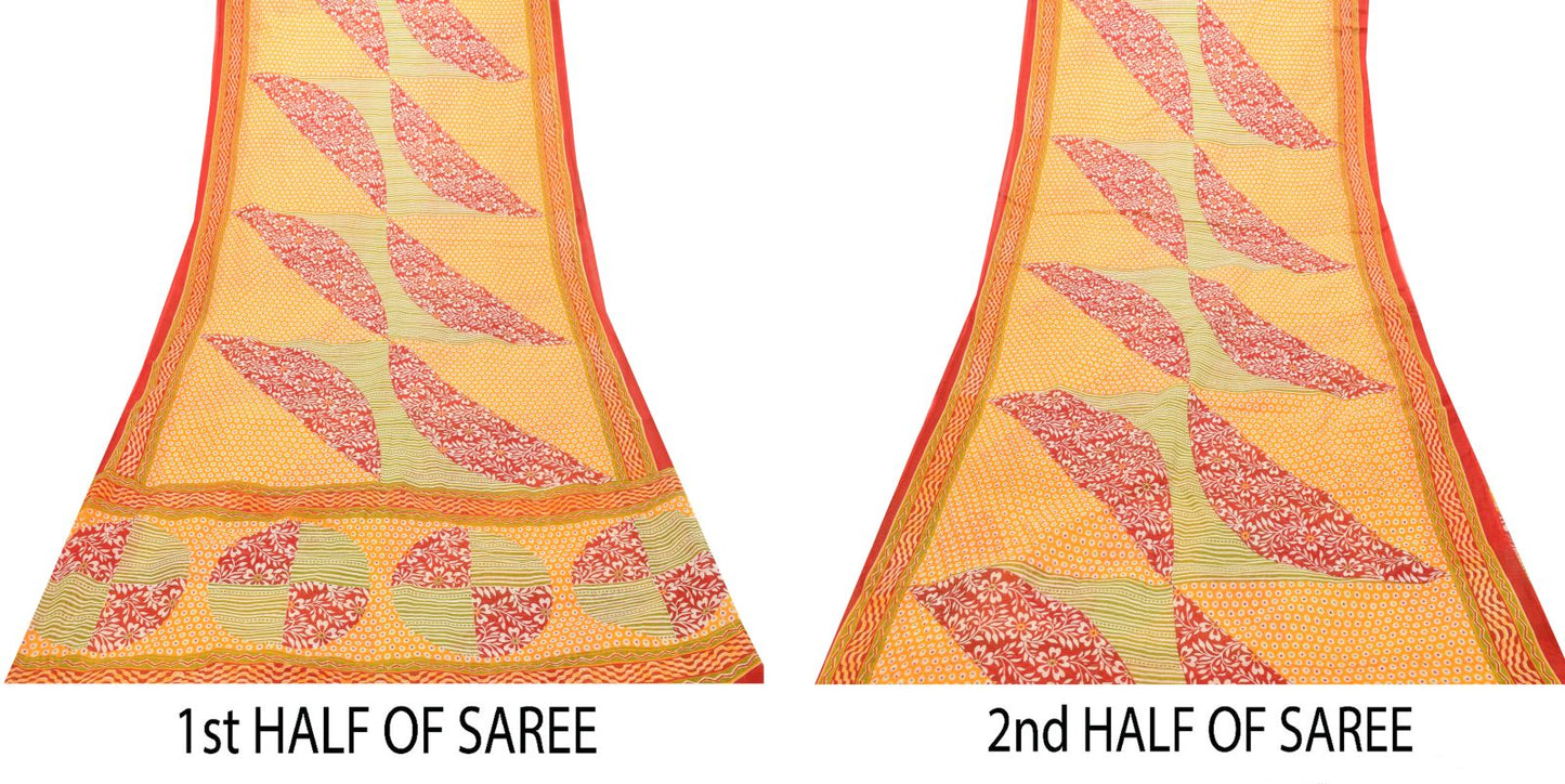 Sanskriti Vintage Yellow Pure Cotton Saree Floral Print Sari 5.5YD Craft Fabric