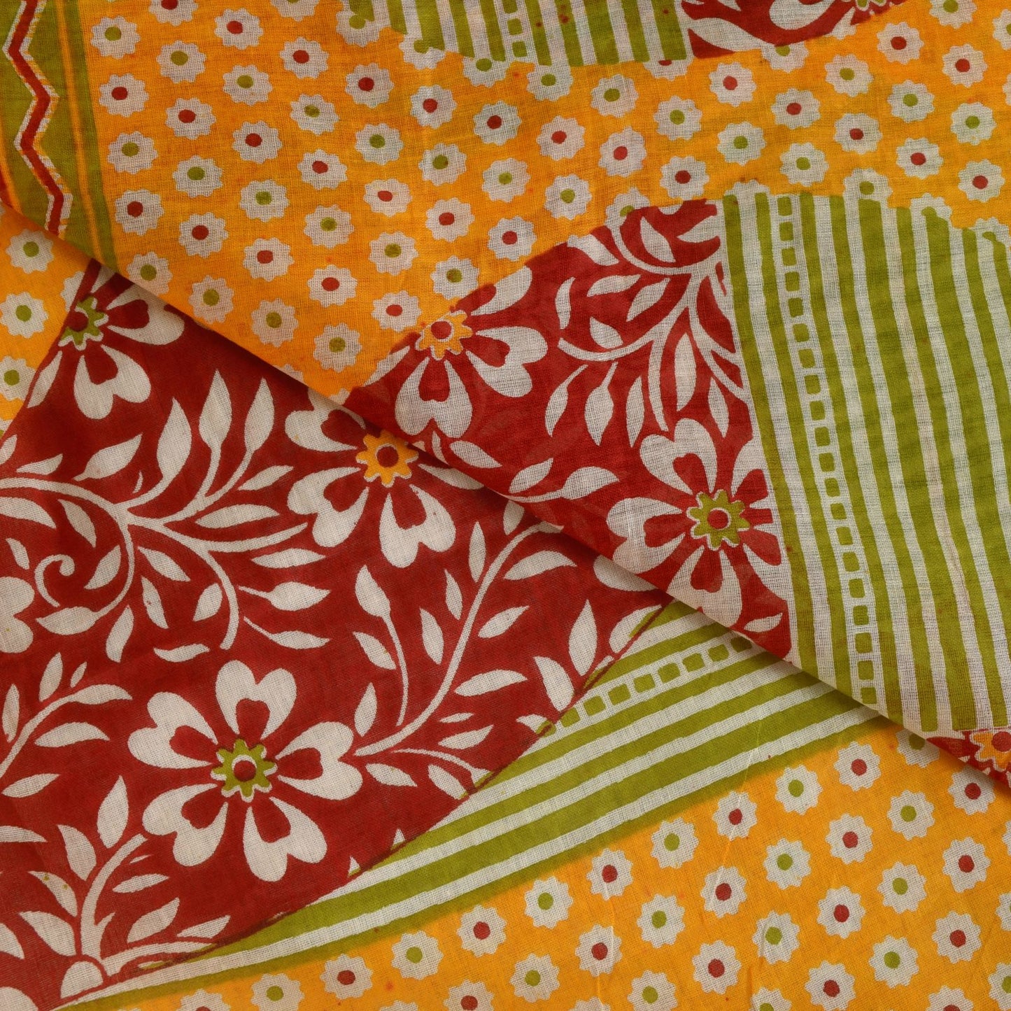 Sanskriti Vintage Yellow Pure Cotton Saree Floral Print Sari 5.5YD Craft Fabric