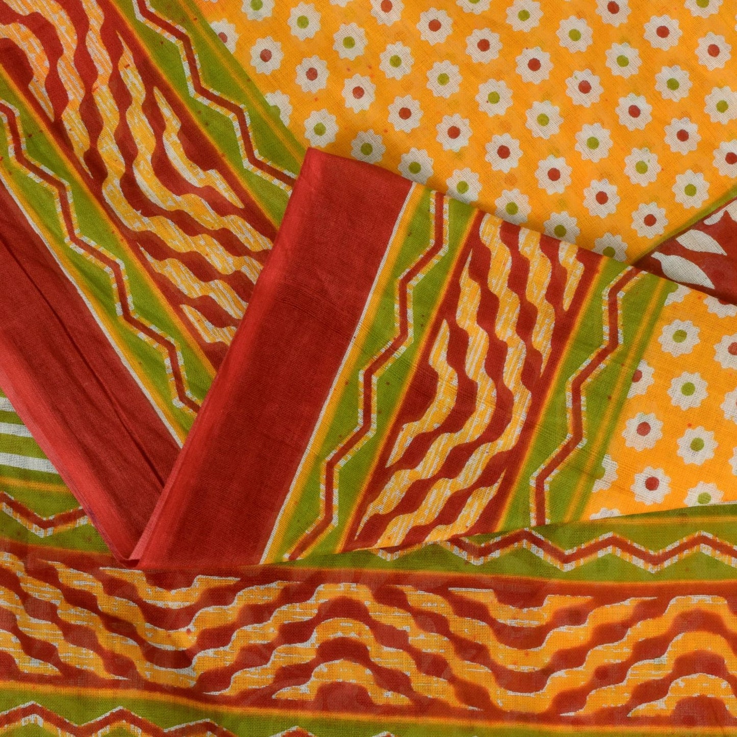 Sanskriti Vintage Yellow Pure Cotton Saree Floral Print Sari 5.5YD Craft Fabric