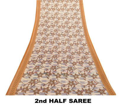 Sanskriti Vintage White 100% Pure Cotton Saree Floral Printed Sari 5+YD Craft
