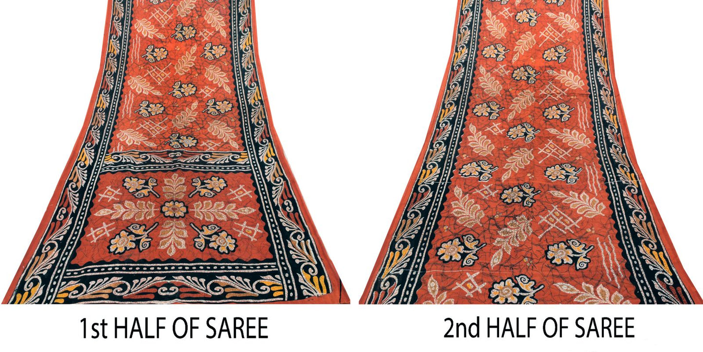 Sanskriti Vintage Brown Pure Cotton Saree Floral Batik Printed Sari 5+YD Craft