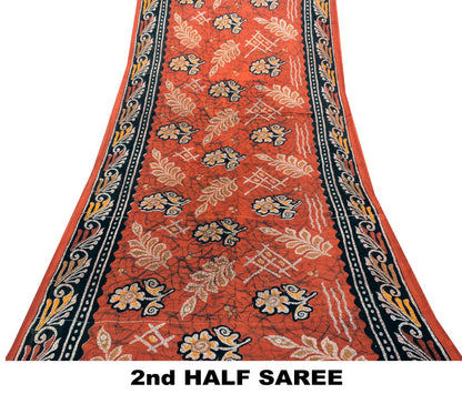 Sanskriti Vintage Brown Pure Cotton Saree Floral Batik Printed Sari 5+YD Craft