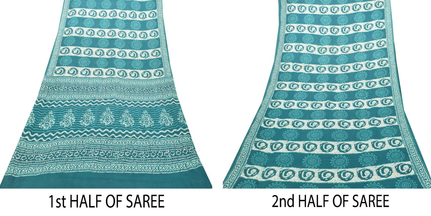 Sanskriti Vintage Blue 100% Pure Cotton Saree Batik Work Sari 5+ YD Craft Fabric