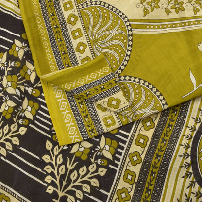 Sanskriti Vintage Lemon Green Pure Cotton Saree Floral Digital Print Sari 5.5YD