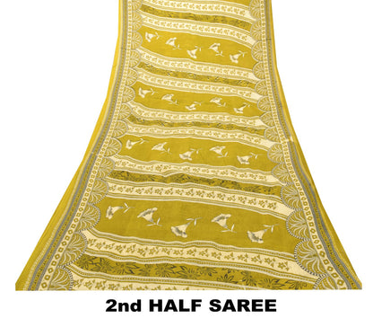 Sanskriti Vintage Lemon Green Pure Cotton Saree Floral Digital Print Sari 5.5YD