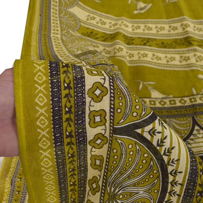 Sanskriti Vintage Lemon Green Pure Cotton Saree Floral Digital Print Sari 5.5YD