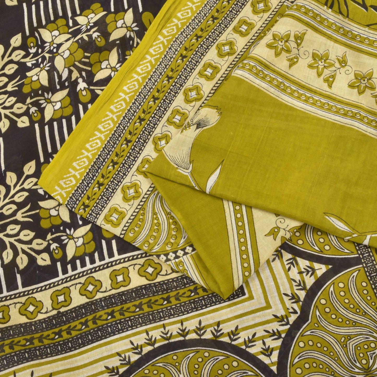 Sanskriti Vintage Lemon Green Pure Cotton Saree Floral Digital Print Sari 5.5YD