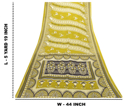 Sanskriti Vintage Lemon Green Pure Cotton Saree Floral Digital Print Sari 5.5YD