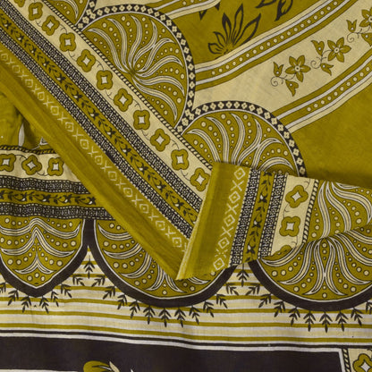 Sanskriti Vintage Lemon Green Pure Cotton Saree Floral Digital Print Sari 5.5YD