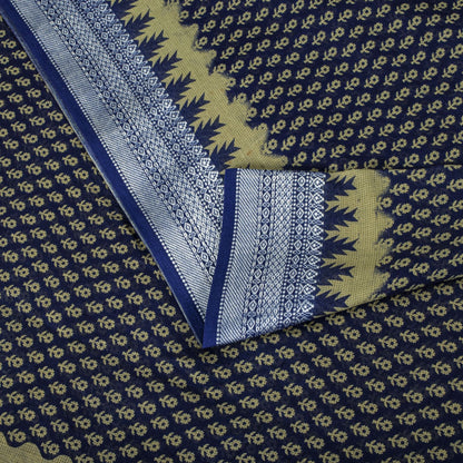Sanskriti Vintage Saree Blue Pure Cotton Floral Printed Sari 5.5+YD Craft Fabric