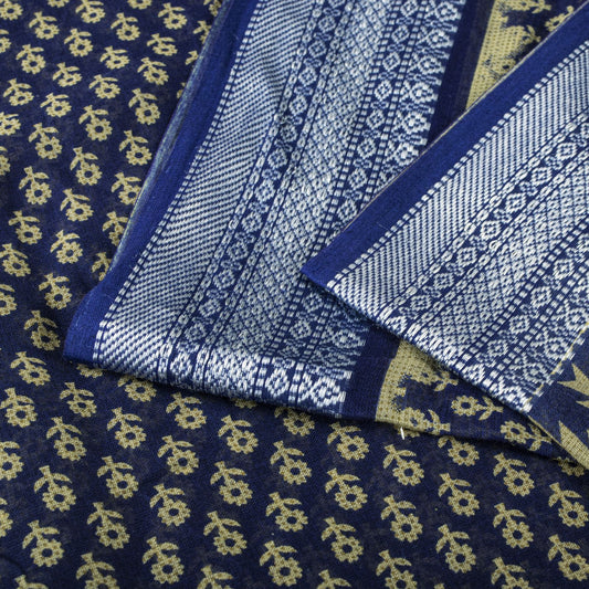 Sanskriti Vintage Saree Blue 100% Pure Cotton Floral Printed Sari 5.5+YD Craft Sewing Fabric