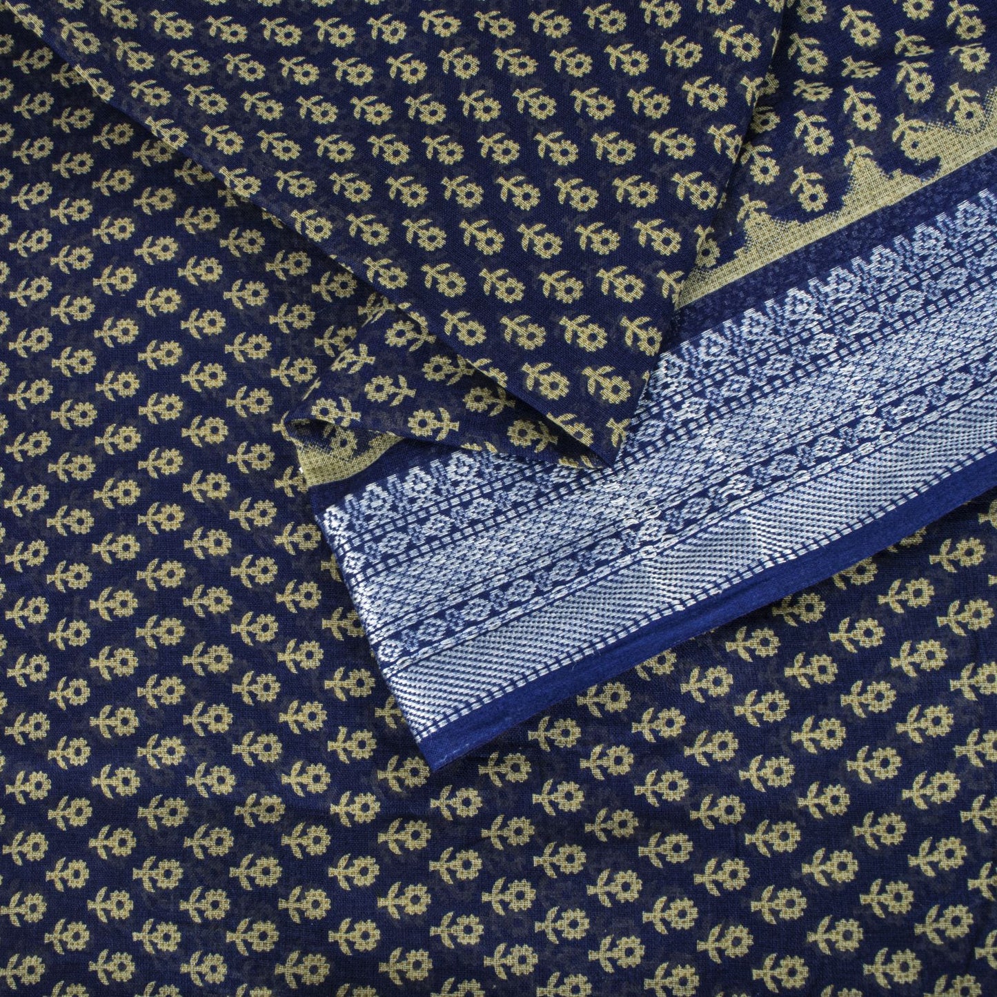Sanskriti Vintage Saree Blue Pure Cotton Floral Printed Sari 5.5+YD Craft Fabric