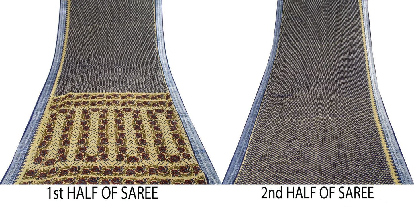 Sanskriti Vintage Saree Blue Pure Cotton Floral Printed Sari 5.5+YD Craft Fabric