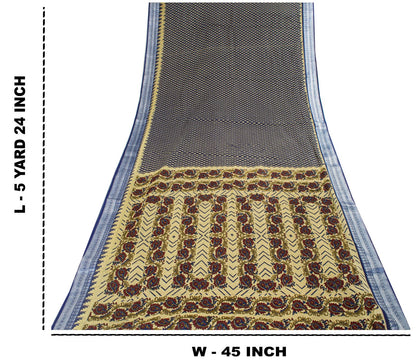 Sanskriti Vintage Saree Blue Pure Cotton Floral Printed Sari 5.5+YD Craft Fabric