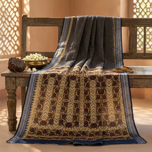 Sanskriti Vintage Saree Blue 100% Pure Cotton Floral Printed Sari 5.5+YD Craft Sewing Fabric