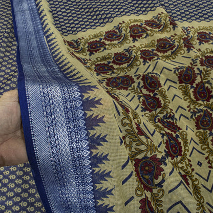 Sanskriti Vintage Saree Blue Pure Cotton Floral Printed Sari 5.5+YD Craft Fabric