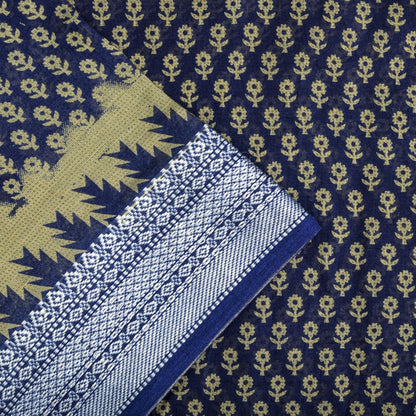 Sanskriti Vintage Saree Blue Pure Cotton Floral Printed Sari 5.5+YD Craft Fabric