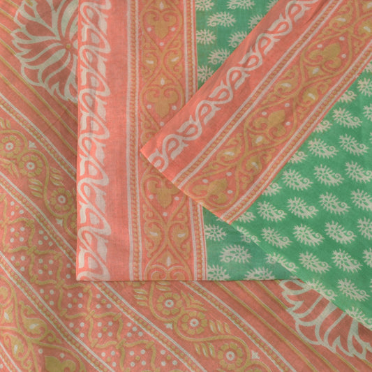 Sanskriti Vintage Green Pure Cotton Saree Paisley Block Printed Sari 5+YD Craft