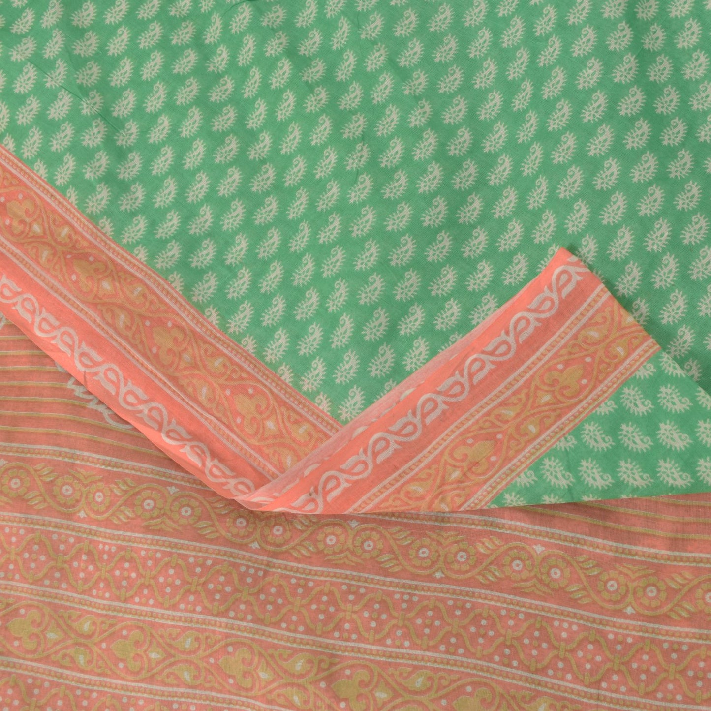 Sanskriti Vintage Green Pure Cotton Saree Paisley Block Printed Sari 5+YD Craft