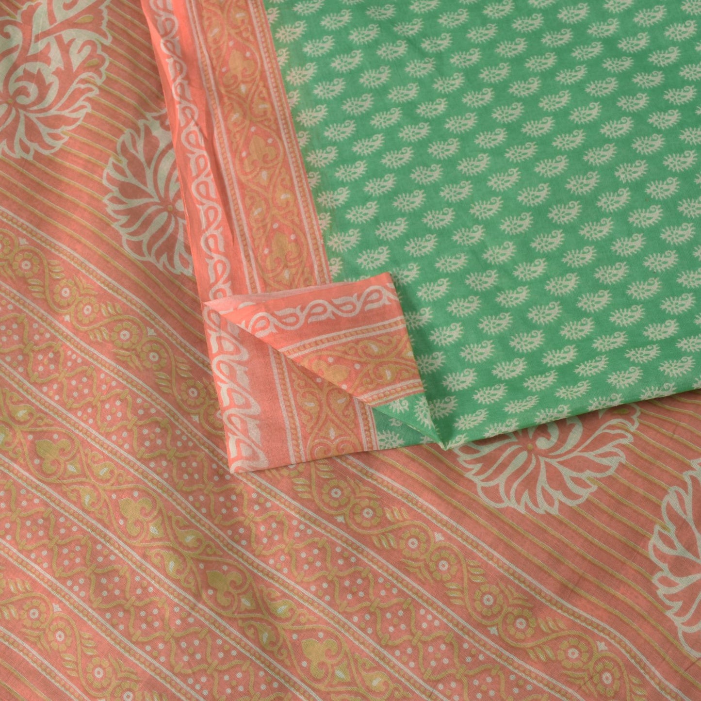 Sanskriti Vintage Green Pure Cotton Saree Paisley Block Printed Sari 5+YD Craft
