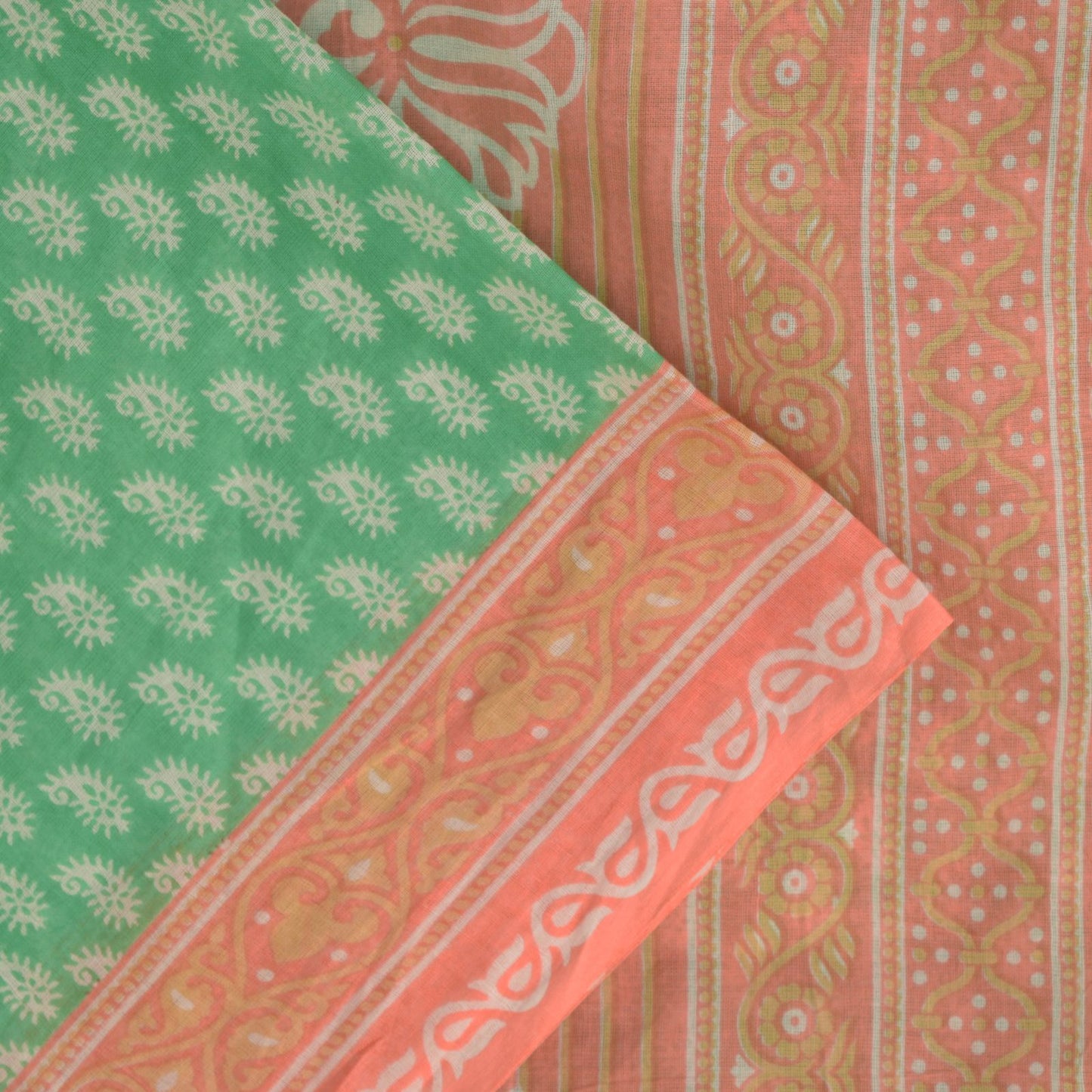Sanskriti Vintage Green Pure Cotton Saree Paisley Block Printed Sari 5+YD Craft