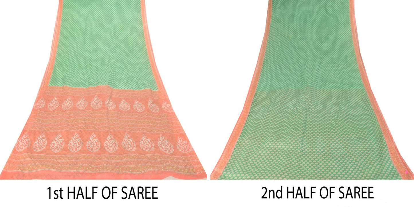 Sanskriti Vintage Green Pure Cotton Saree Paisley Block Printed Sari 5+YD Craft